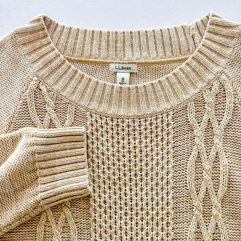 LL Bean Signature Sweater Womens M Tan Cotton Blend Fisherman Cable Knit Cream